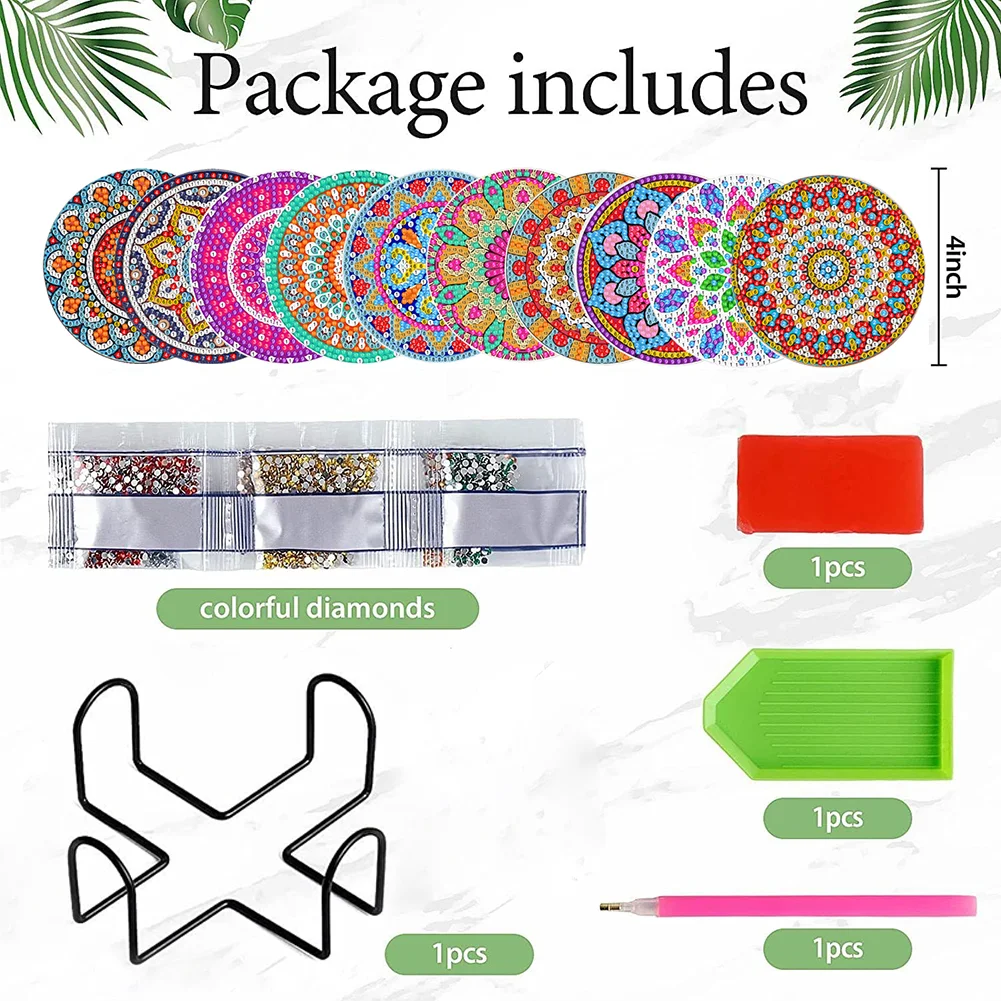 8pcs DIY Mandala Pattern Acrylic Single Sided Diamond Painting Art Coasters Kits with Holder