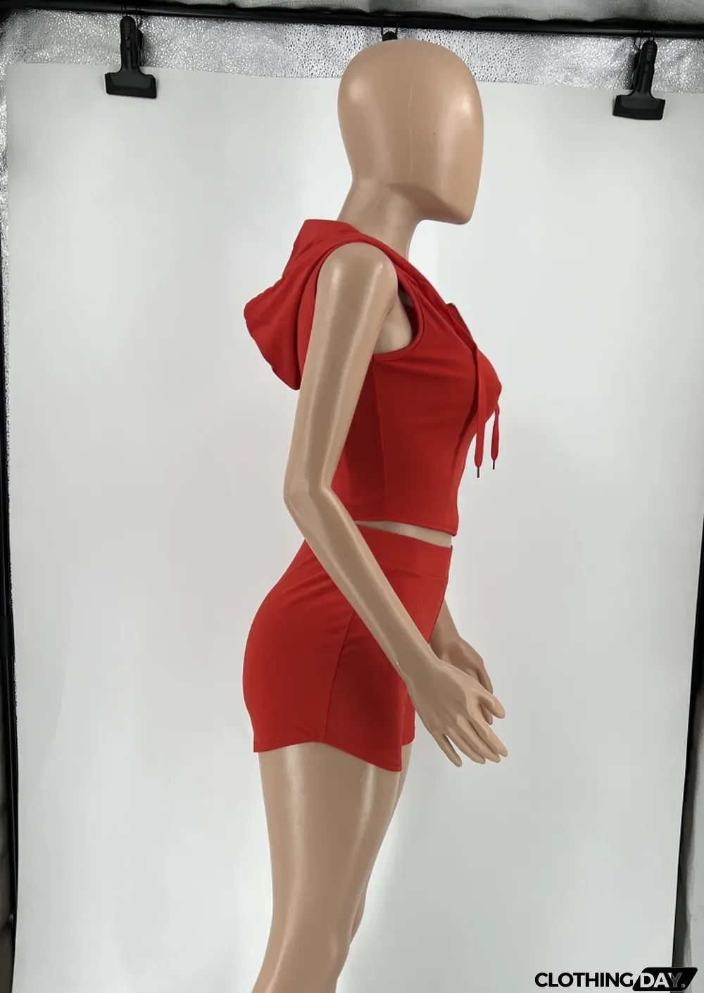 Women Summer Red O-Neck Sleeveless Crop Solid Zippers Tight Sports Two Piece Shorts Set