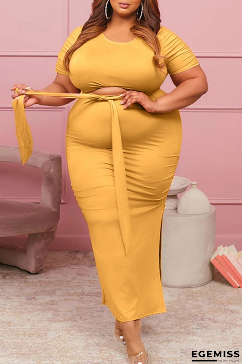 Yellow Casual Solid Bandage Patchwork Slit O Neck Plus Size Two Pieces | EGEMISS