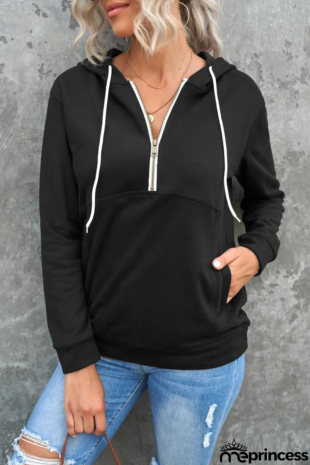 Black Half Zip Long Sleeve Hoodie with Pocket