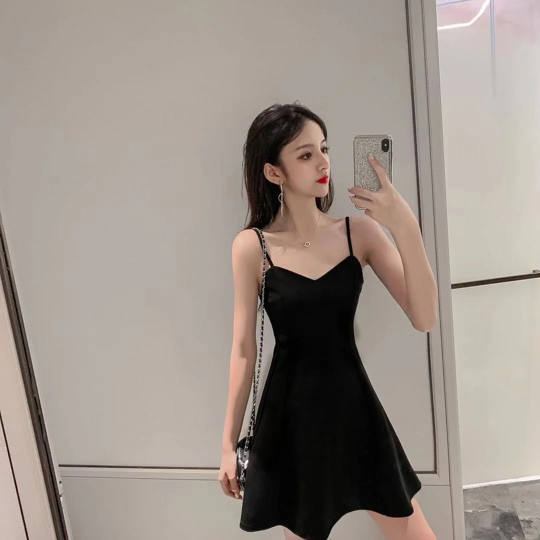 Uveng Uveng New Summer Dress Female With A Bottom To Show Thin Sling A-Word Short Skirt Hepburn Small Black Skirt Small