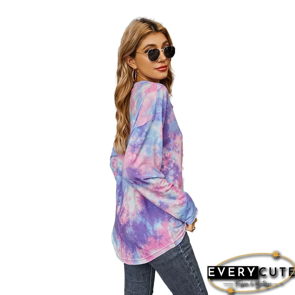 Purple Tie Dye Long Sleeve Top with Rope Drawstring