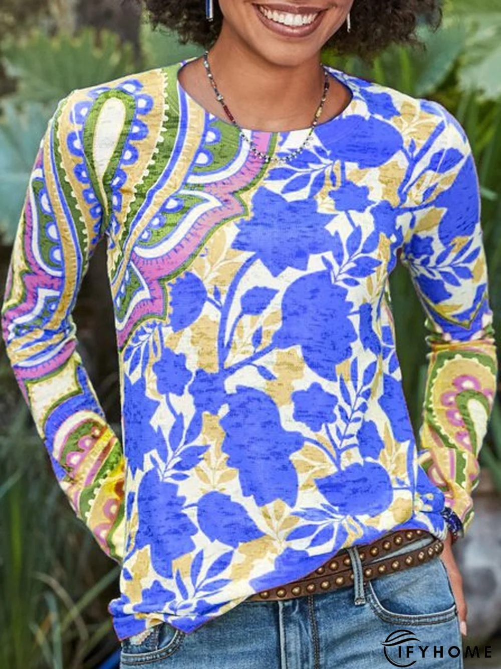 Long Sleeve Printed Crew Neck Top | IFYHOME