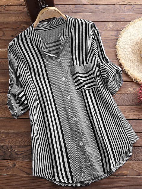 Button Down Stripe Linen Shirts With Pocket