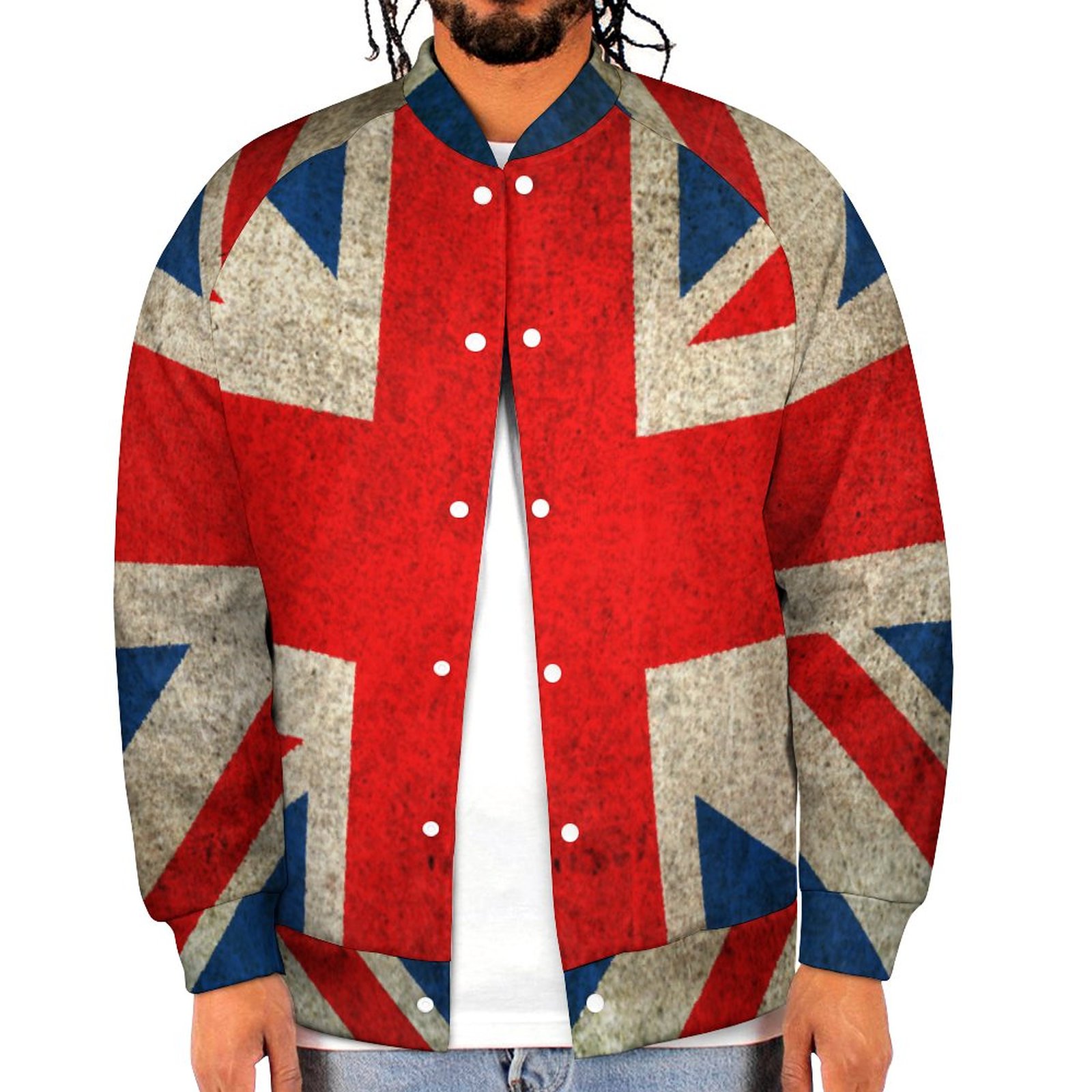 Vintage Distressed Union Jack Flag Of The Uk Round Sweatshirt Jacket Men Casual Lightweight Button Up Bomber Jacket Outwear