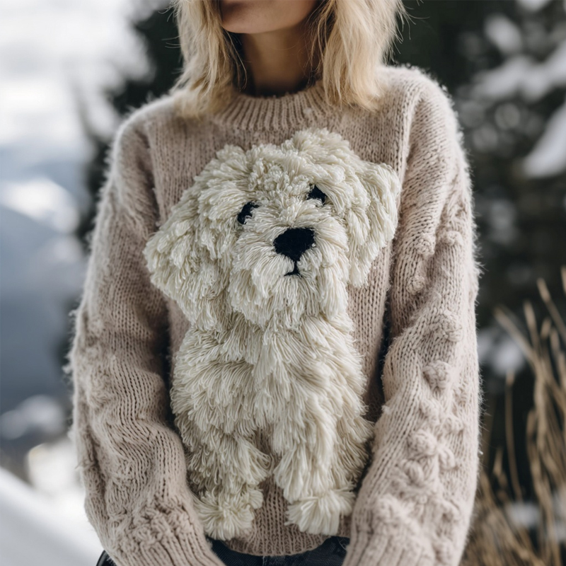 Cute Fuzzy Dog Embroidered Cozy Knit Sweater
