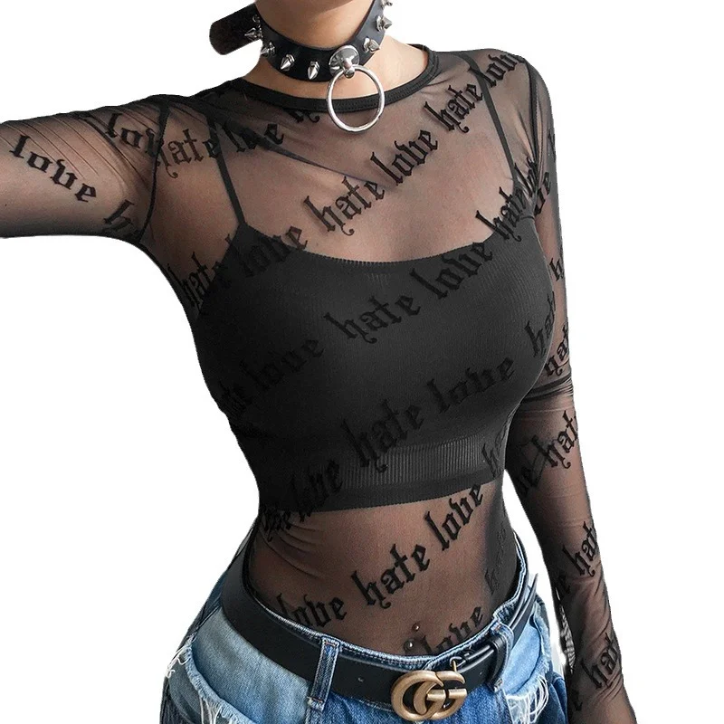 Churchf Churchf Letter Personality Print Perspective Sexy Mesh Long Sleeve T-Shirt Top Female