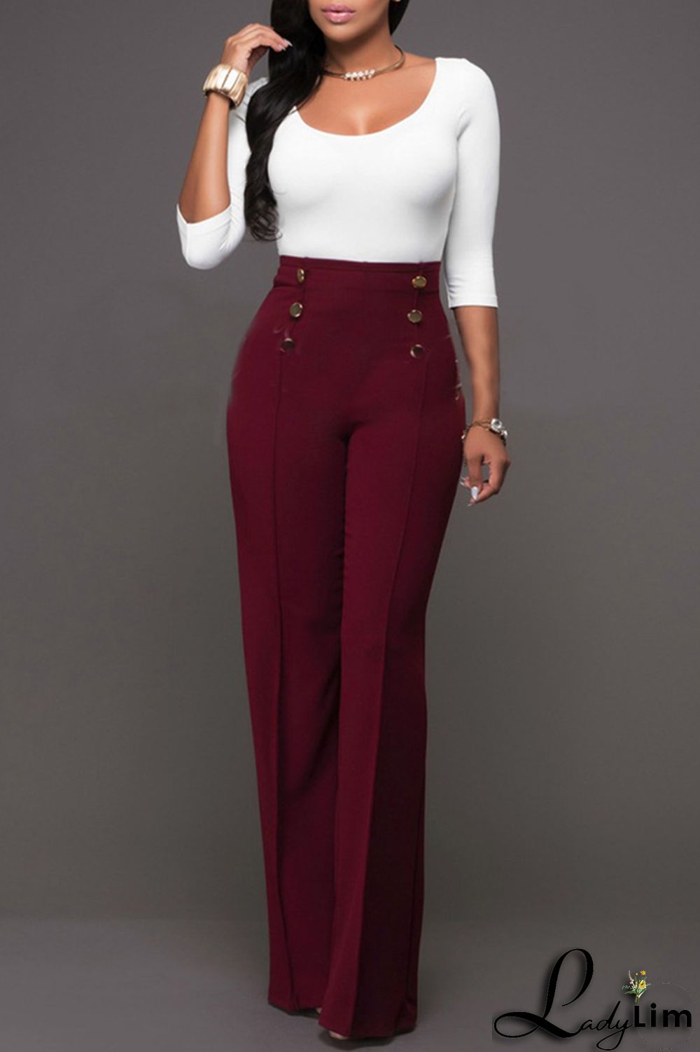 Rose Red Fashion Casual Solid Patchwork Regular High Waist Trousers