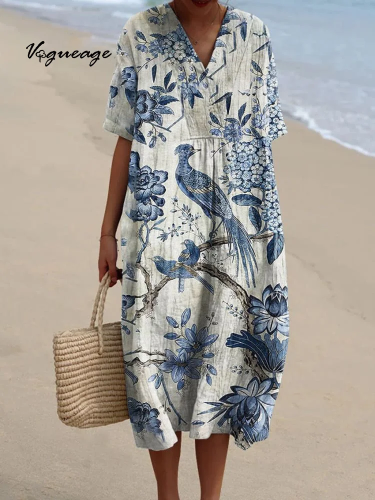 Elegant Plant Flower Sparrow Printed Women's Casual Cotton And Linen Dress
