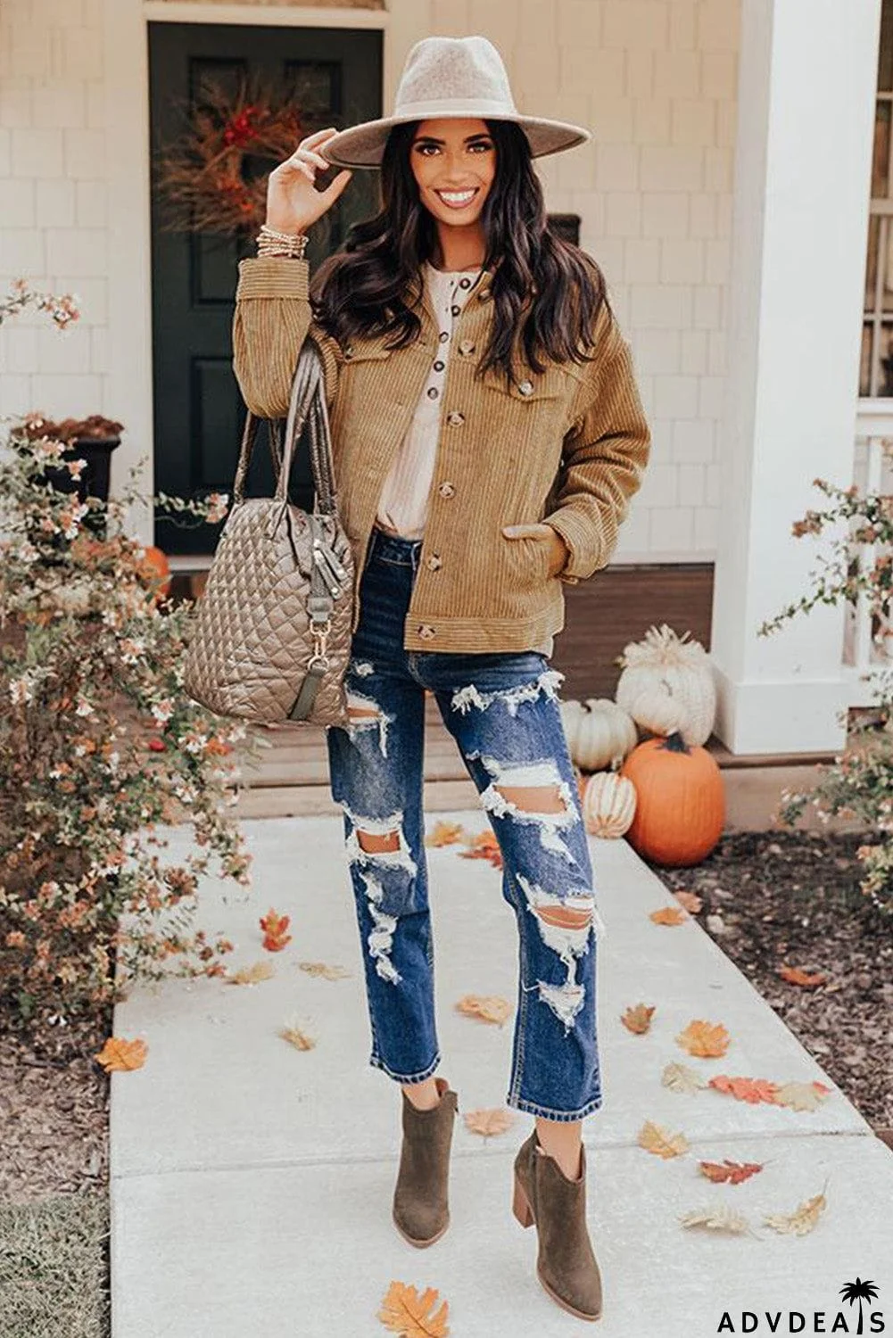 Ribbed Corduroy Long Sleeve Jacket with Pocket