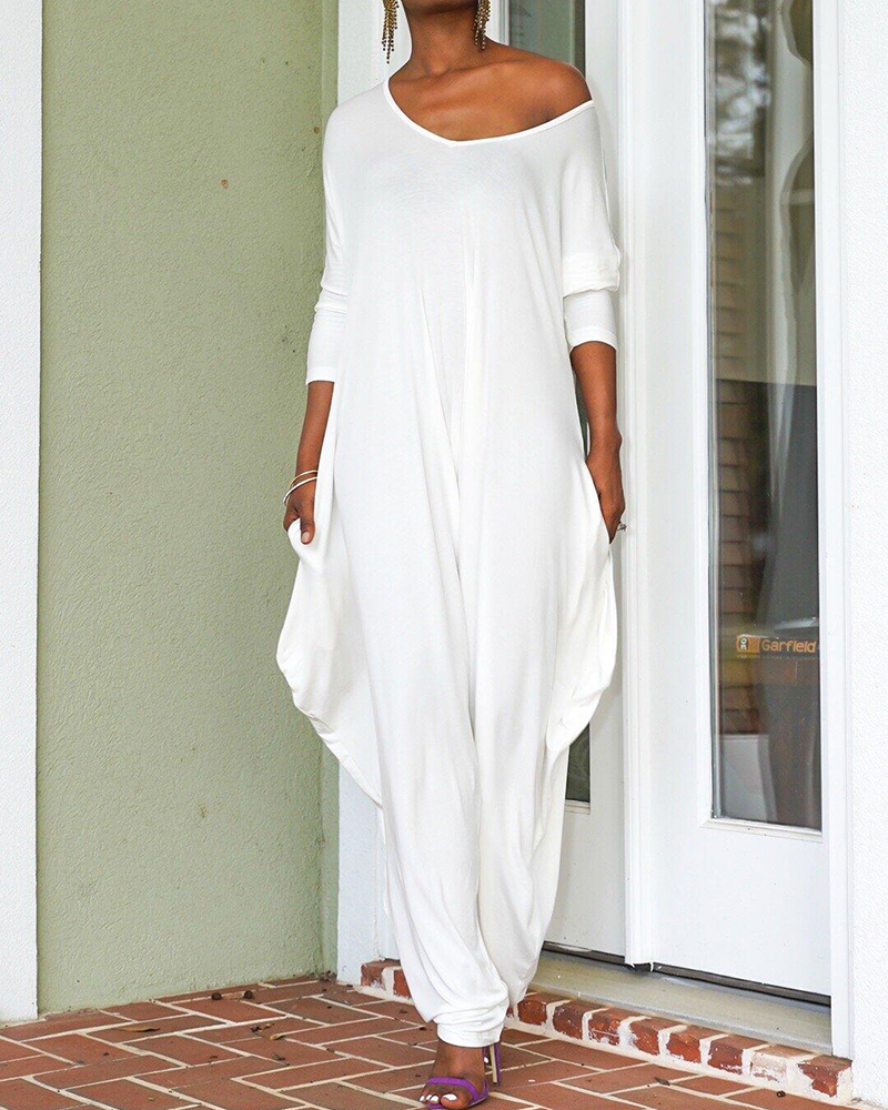 Asymmetric Neckline Long Sleeve Backless Jumpsuit