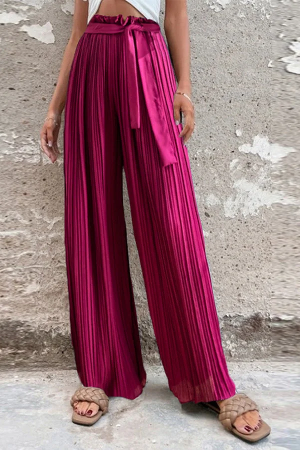 Cali Satin Belt Pleated Wide Leg Pants