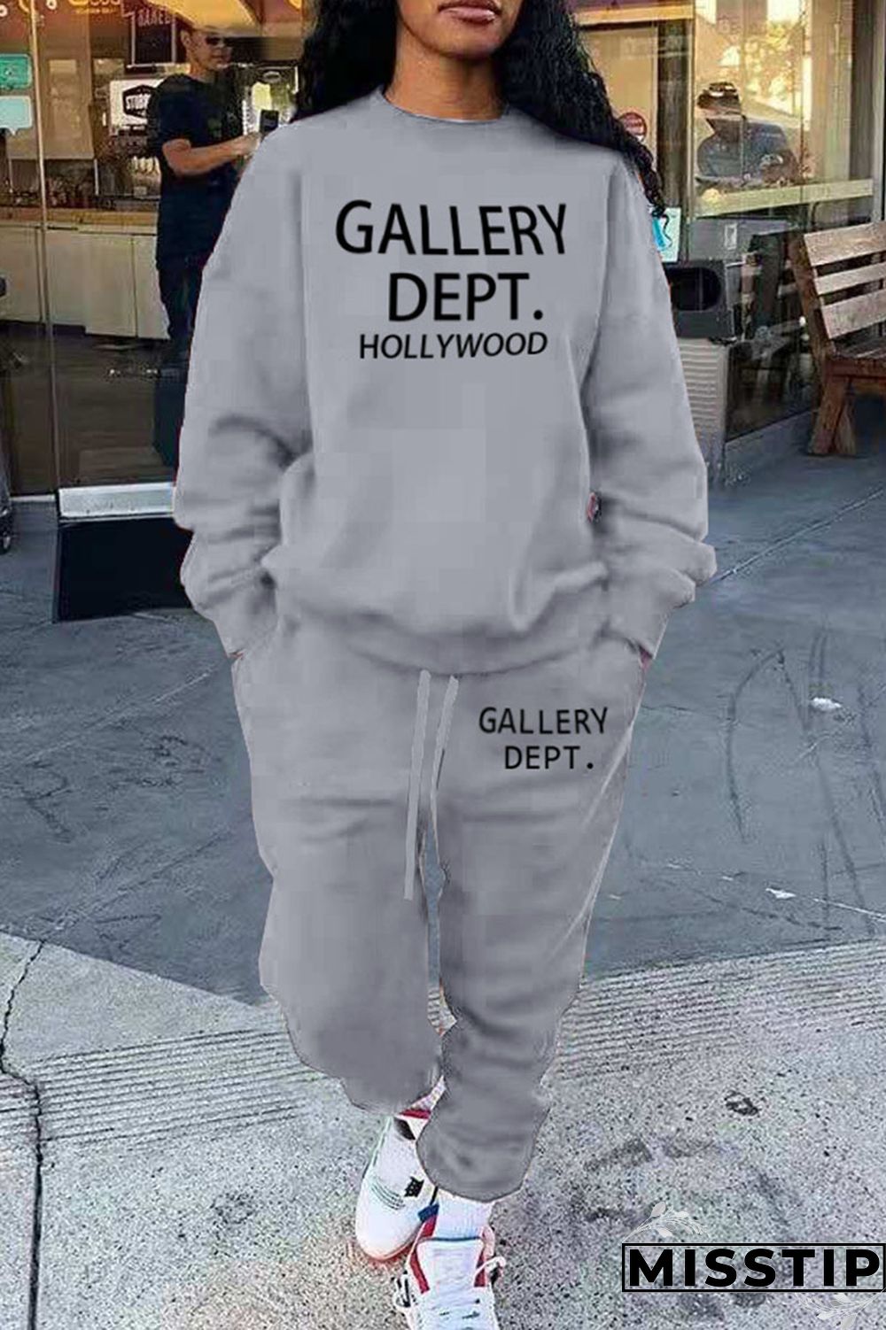 Black Casual Street Print Patchwork O Neck Long Sleeve Two Pieces