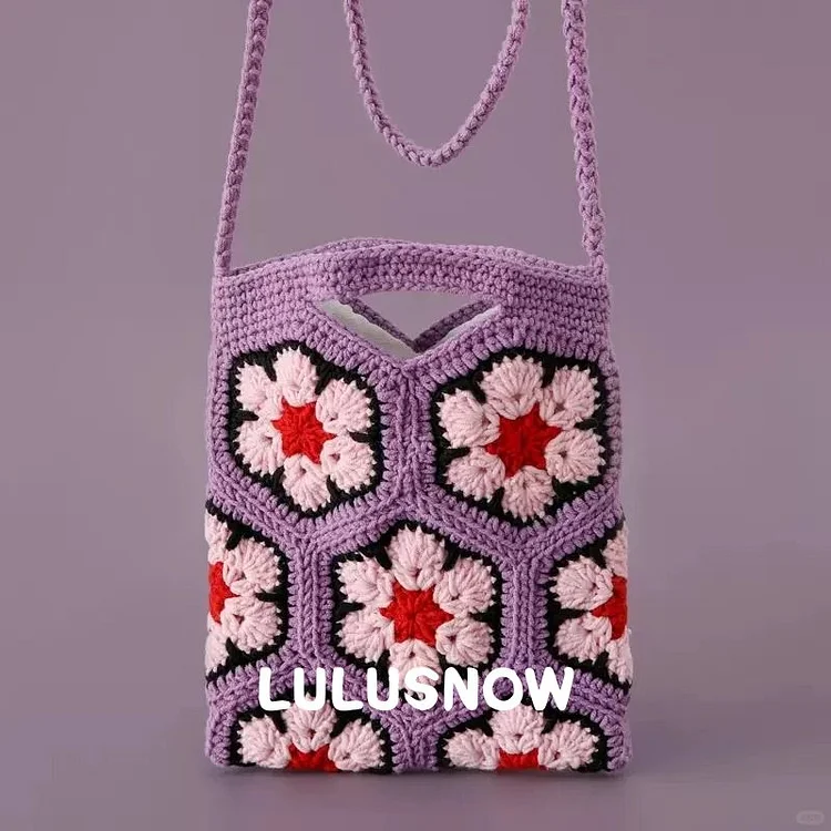 Lulusnow Handmade Purple Flower Snow Granny Square Crochet Crossbody Bag