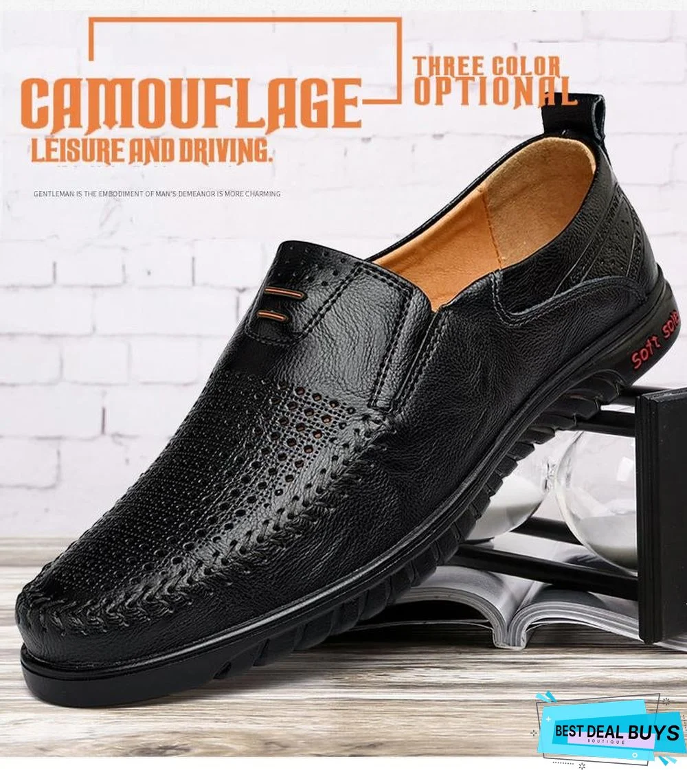 New Openwork Men Black Loafer Perforated Shoes Leather Flats Driving Shoes Business Men's Shoes