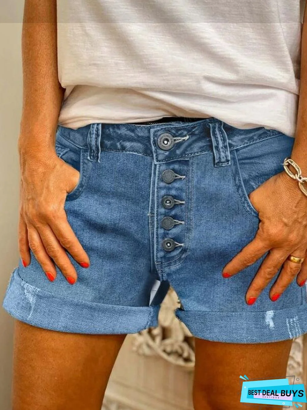 Blue Pockets Casual Cotton-Blend Denim shorts