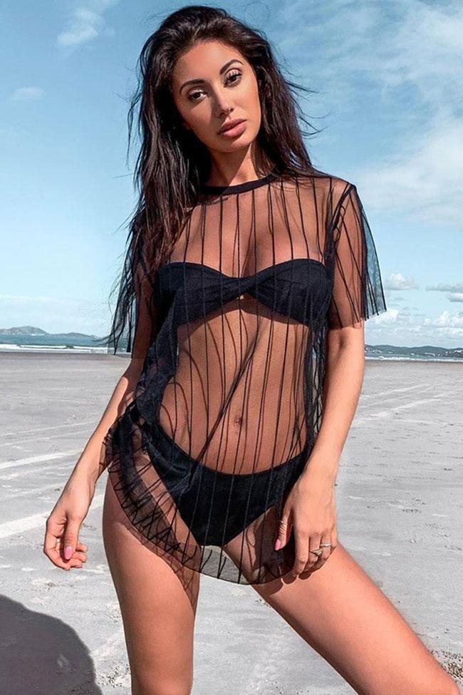 Striped Sleeved Sheer Mesh Cover Up-elleschic