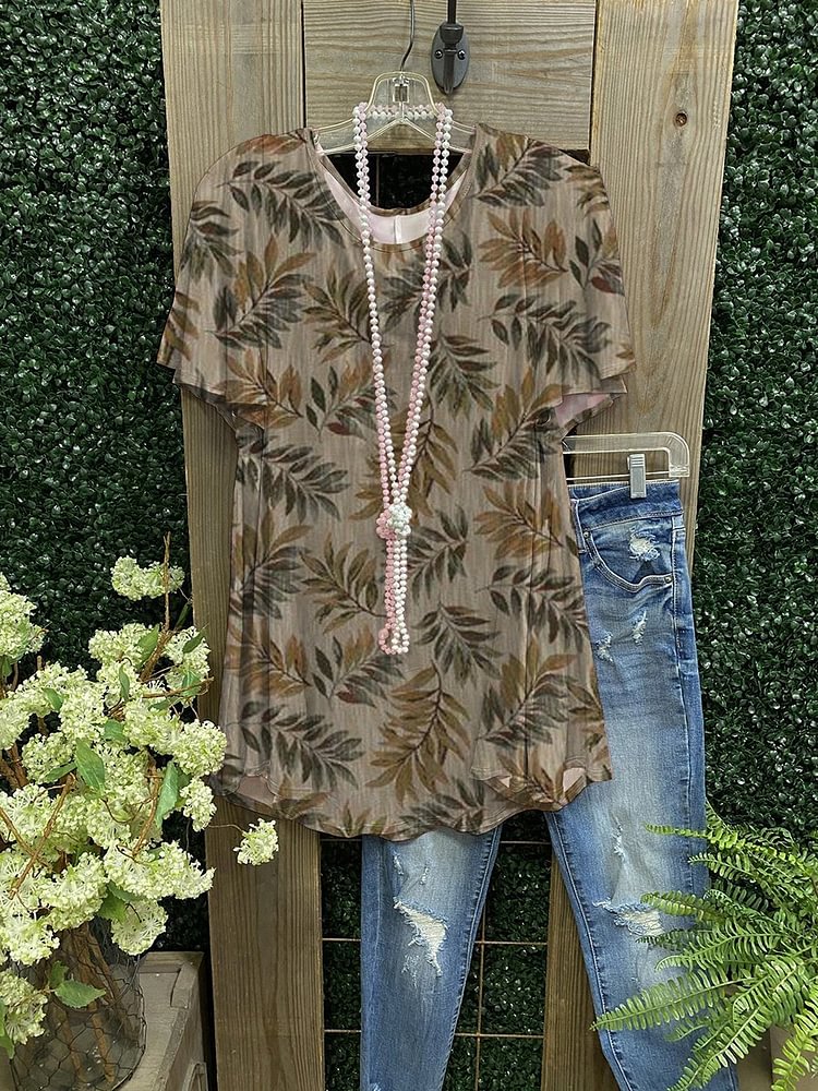 Vintage Leaf Print Casual T-shirt-Mayoulove