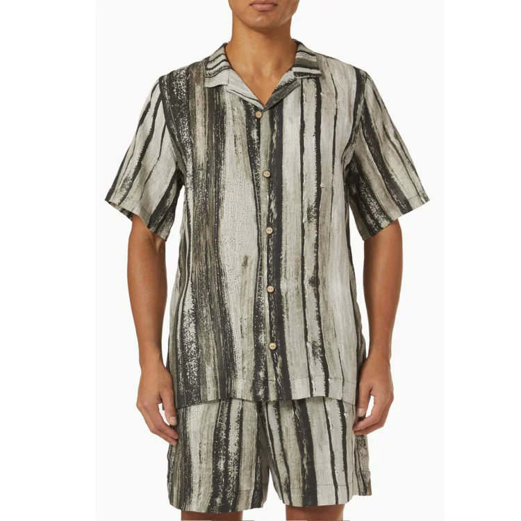 Men's Classic Casual Striped Digital Print Cuban Collar Shirt Shorts Two-Piece Set