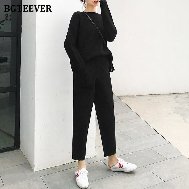 BGTEEVER 2021 Winter Casual Thick Sweater Tracksuits O-neck  Jumpers & Elastic Waist Pants Suit Female Knitted 2 Pieces Set
