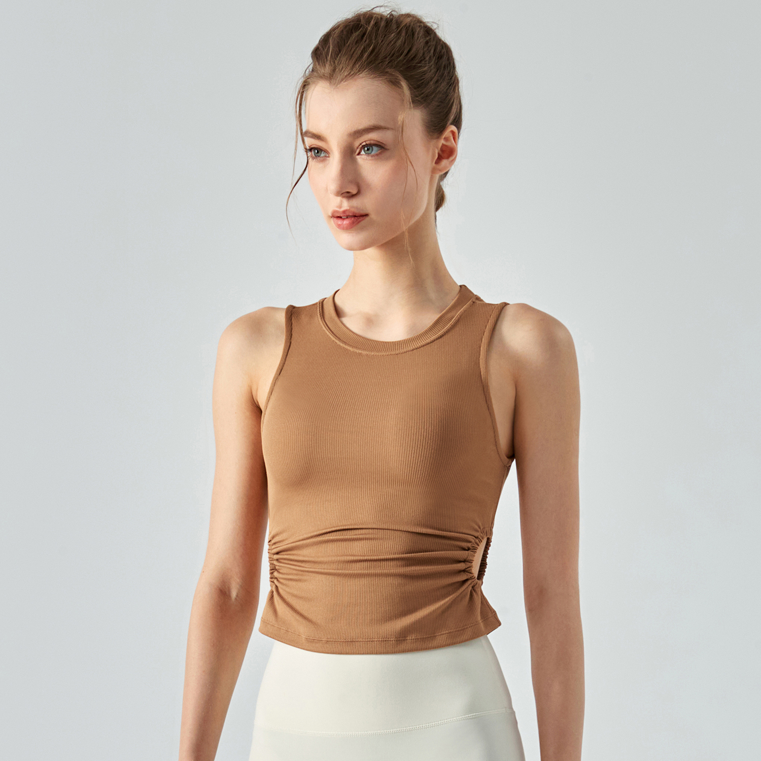 Buy different colors and types of women's fashion sports vest stretchable workout polyester spandex tank tops with built in pads on Hergymclothing Oatmeal Brown