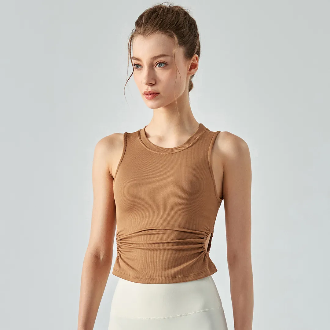 Buy different colors and types of women's fashion sports vest stretchable workout polyester spandex tank tops with built in pads on Hergymclothing Oatmeal Brown