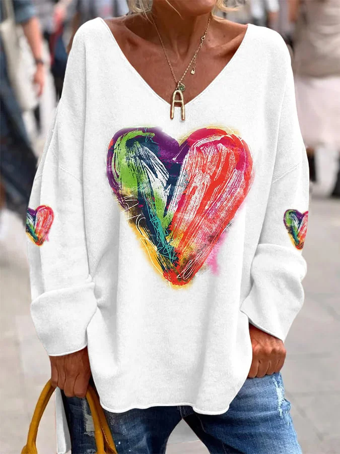 Women's Pride Month Rainbow Colorful Love Heart Print Casual V-Neck Top