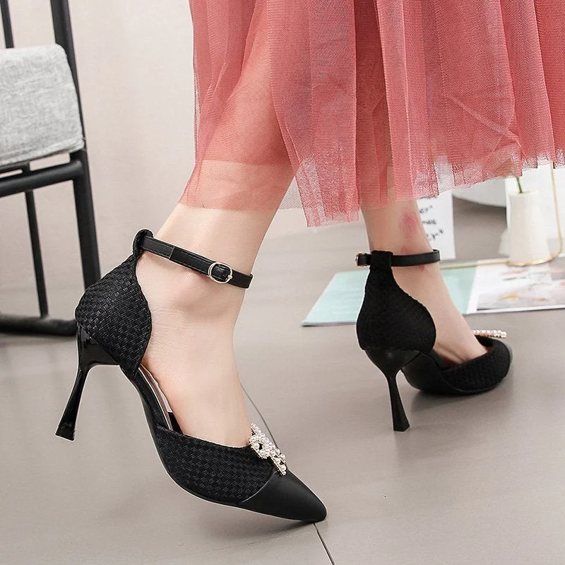 Women Sexy Pearl Bowknot Pumps 2022 New Ankle Strap Thin High Heels Party Shoes Woman Spring Summer Pointed Toe Sandals