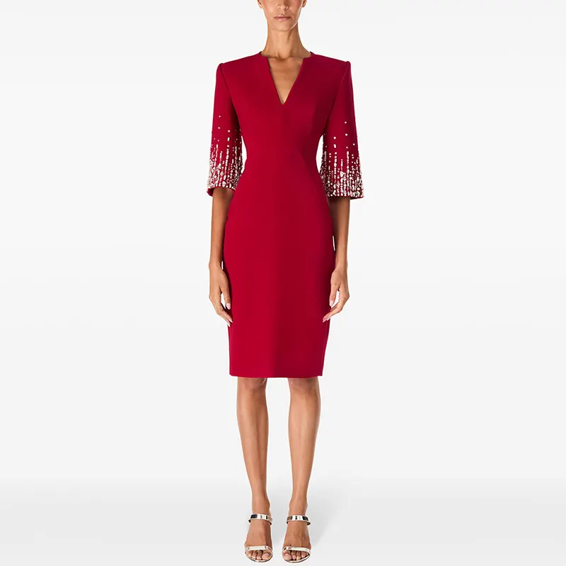 Nigikala Nigikala Fashion Spring And Summer New Heavy Industry Nails And Studded Sleeve V-Neck And Knee Dress Small Dress