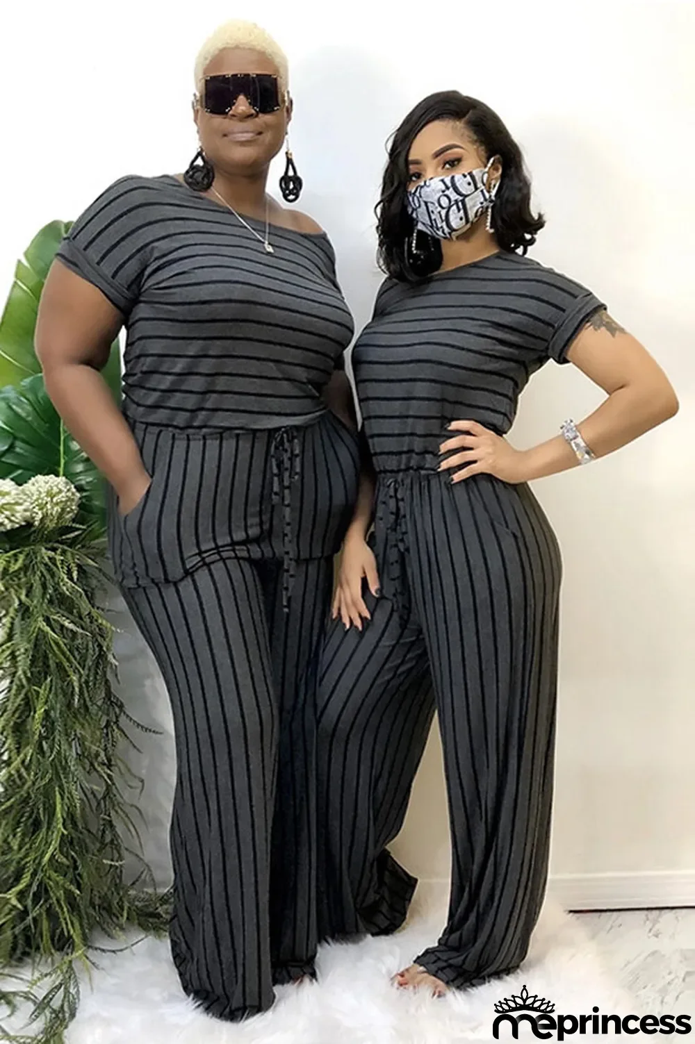 Grey Polyester Sexy Striped Print Stripe Plus Size