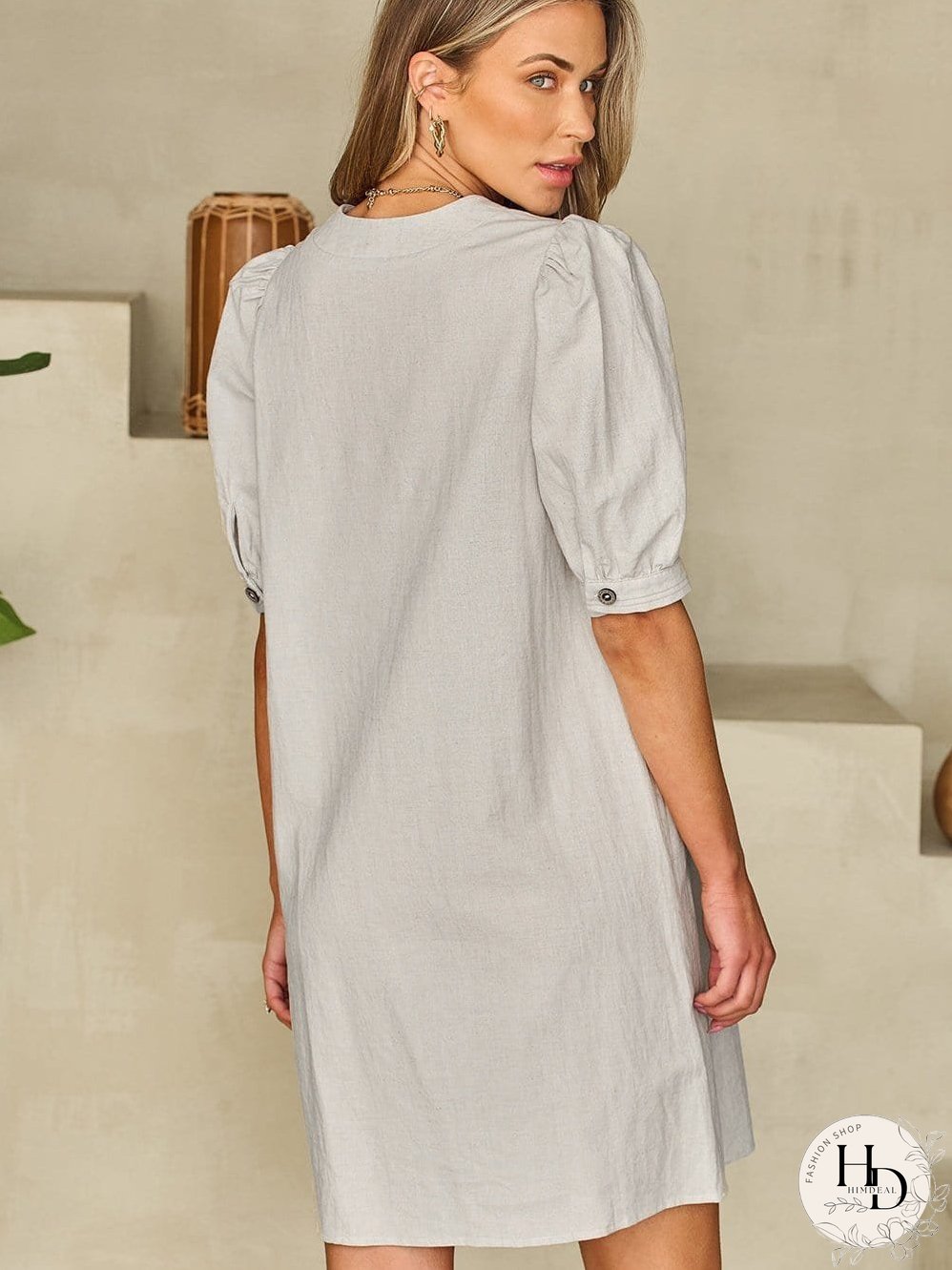 Elegant Beige Bubble Sleeve V-Neck Short Shift Dress