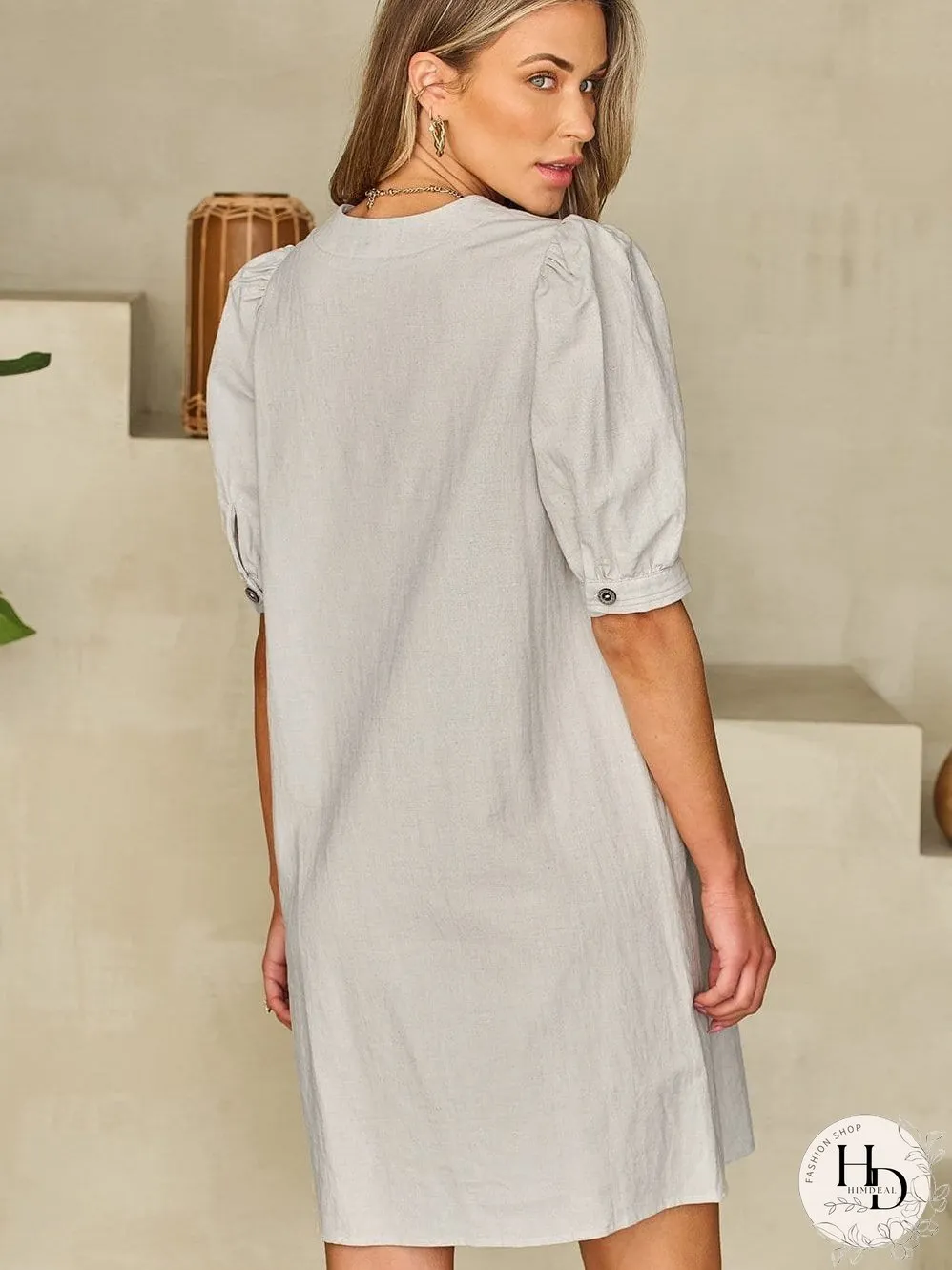 Elegant Beige Bubble Sleeve V-Neck Short Shift Dress