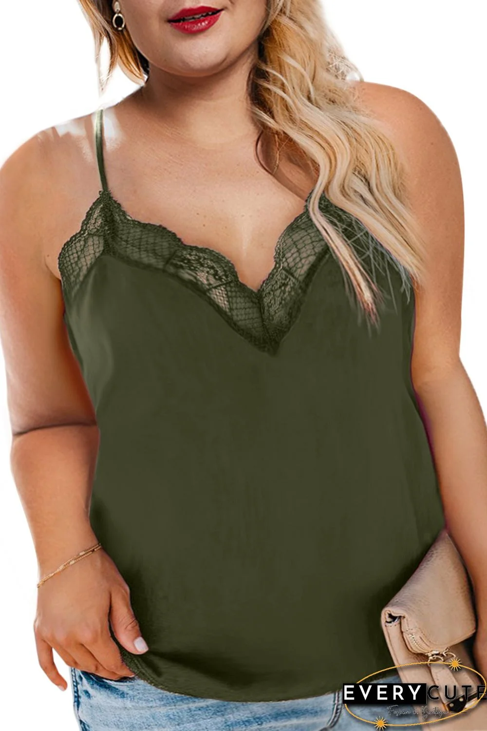 Green Plus Size Lacy Neckline Tank