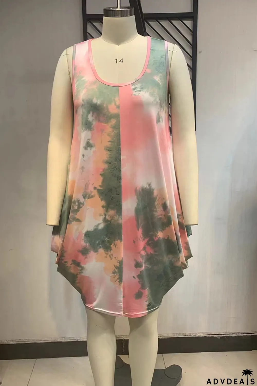 Pink Fashion Sexy Plus Size Print Tie Dye Asymmetrical O Neck Vest Dress
