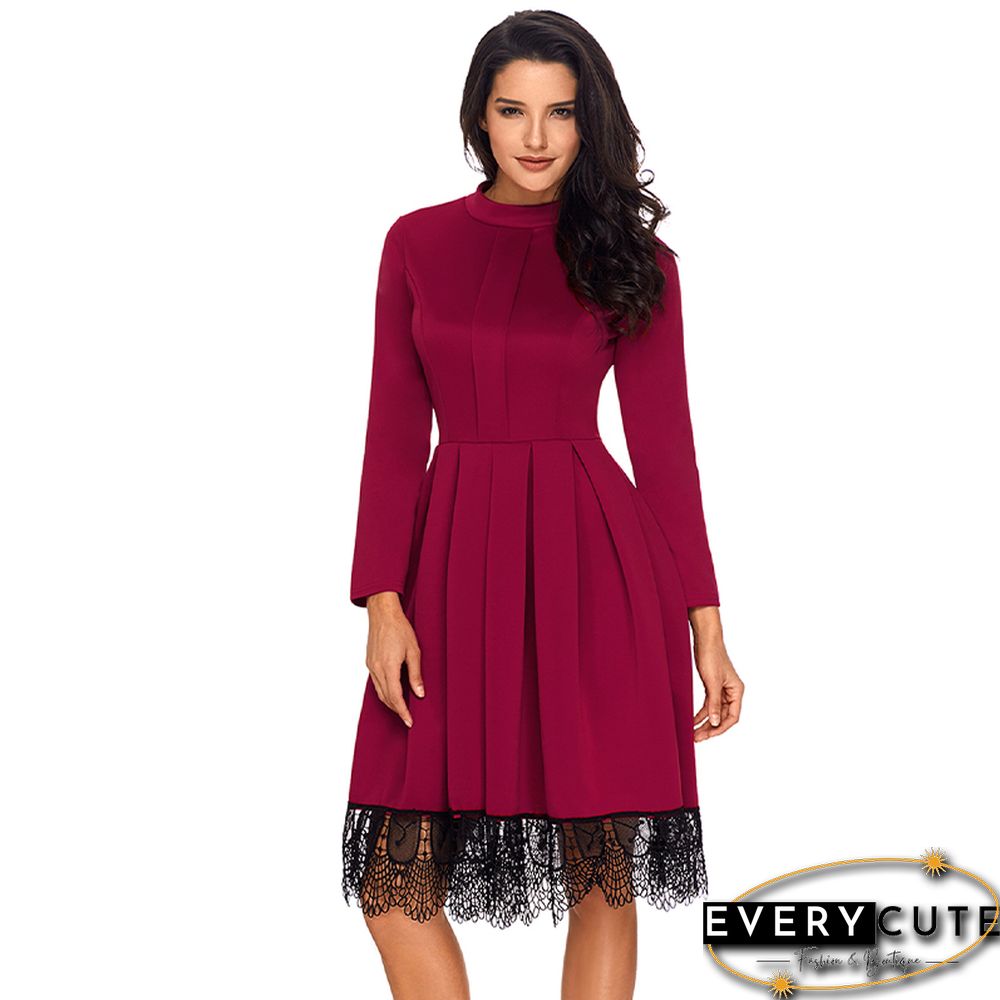 Lace Hemline Detail Burgundy Long Sleeve Skater Dress