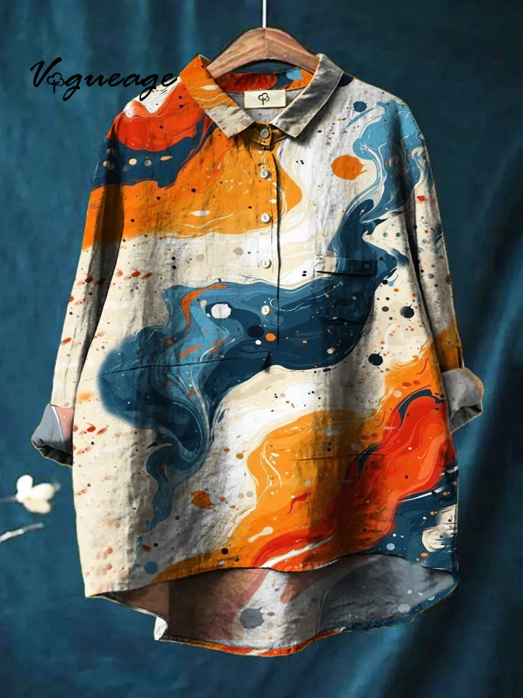 Colorful Hand Drawn Galaxy Print Cotton And Linen Shirt