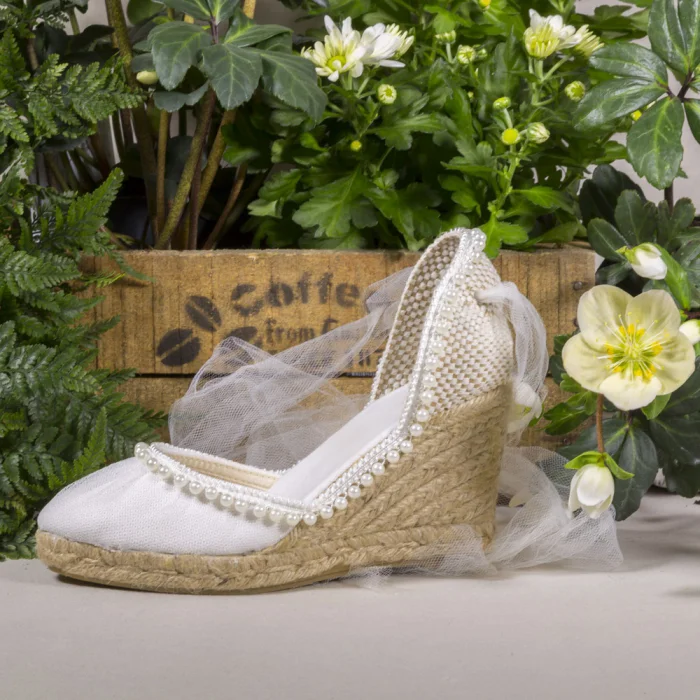 Ivory Canvas Platform Wedding Wedges with Pearls and Mesh |FSJ Shoes