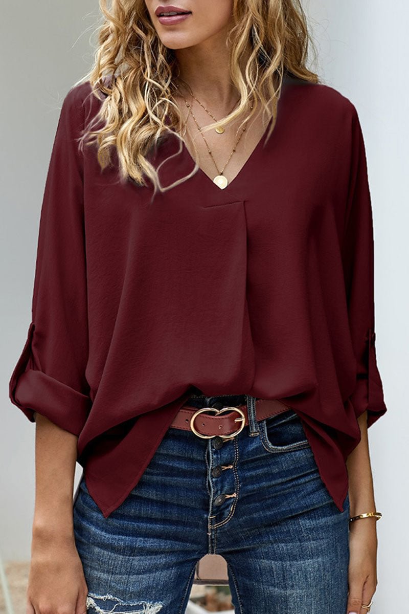 Casual Solid Split Joint V Neck Tops(5 Colors)
