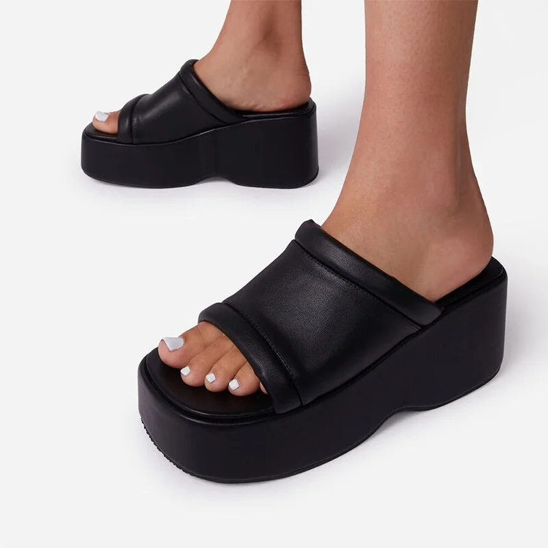 Churchf Women's Slippers Square Toe Pu Leather Platform Ladies Shoes Summer 2022 Fashion Thick Bottom Female Slipper Woman Flip-flops