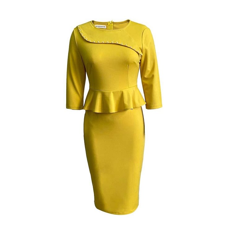 Promsstyle Retro Round Neck 3/4 Sleeve Pearl Decorated Pure Color Bodycon Dress