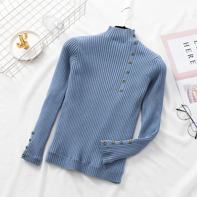 Women Office Lady Front Buttons Fleece Knitted Sweater Long Sleeve Mock Neck Solid Slim Pullover 2021 Winter New Fashion Tops