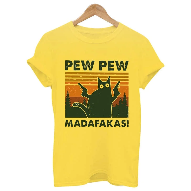 Murderous Black Cat With Gun Funny White T Shirt Pew Pew Madafakas Print Oversized T-shirt Women Short Sleeve Top Female Tshirt