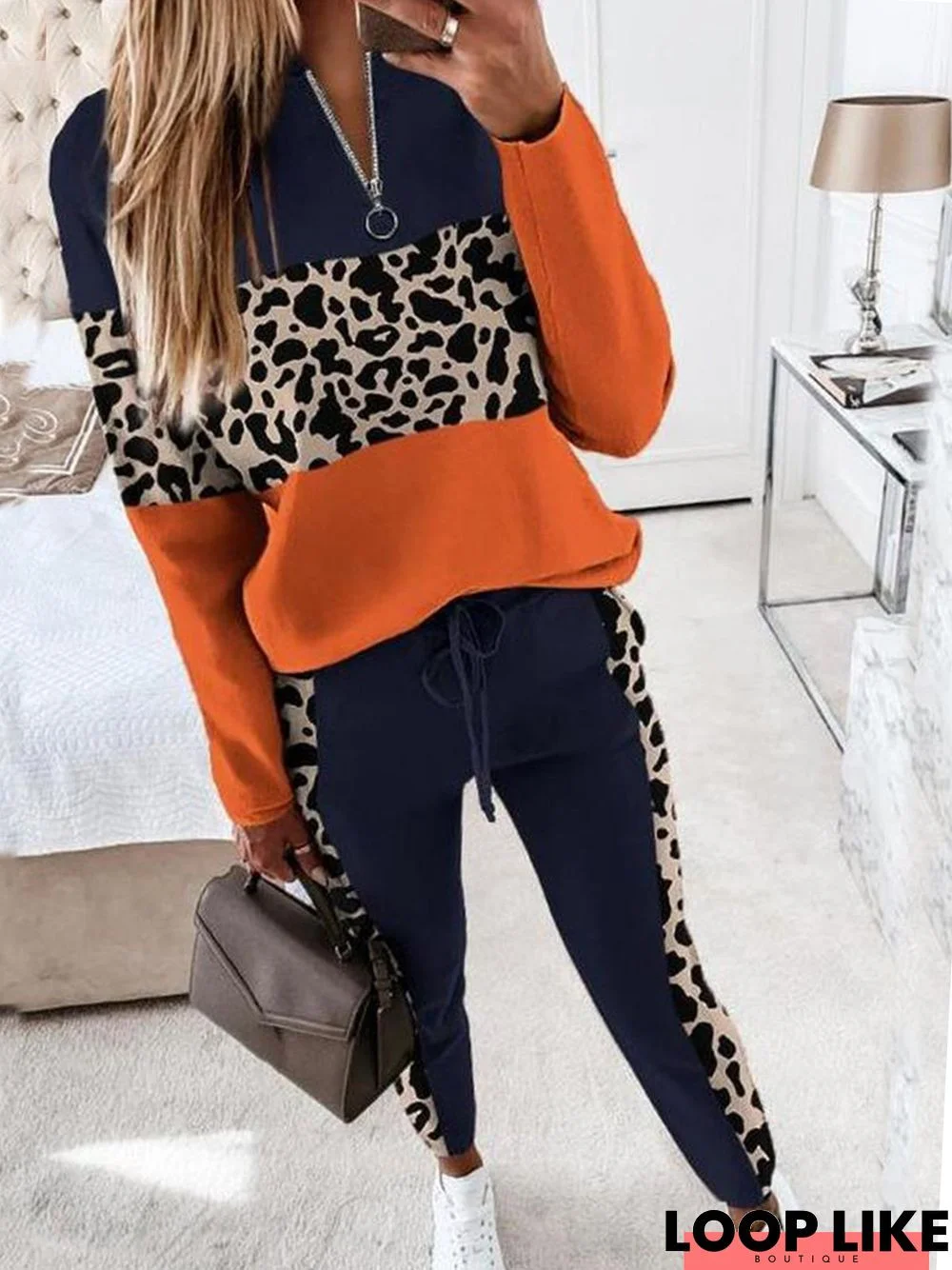 Zipper Leopard Casual Loose Two-Piece Set