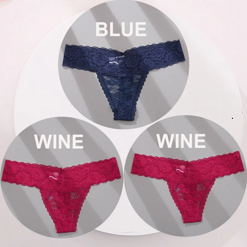 FINETOO 3PCS/Set M-XL G-string Thong Panties for Woman Sexy Lace Floral Underwear Transparent Women's Underpants Female Lingerie
