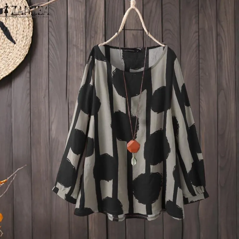 Vintage O Neck Long Sleeve Blouse Spring Women Polka Dot Printed Shirt ZANZEA Female Casual Loose Blusas Chemise Tunic Tops
