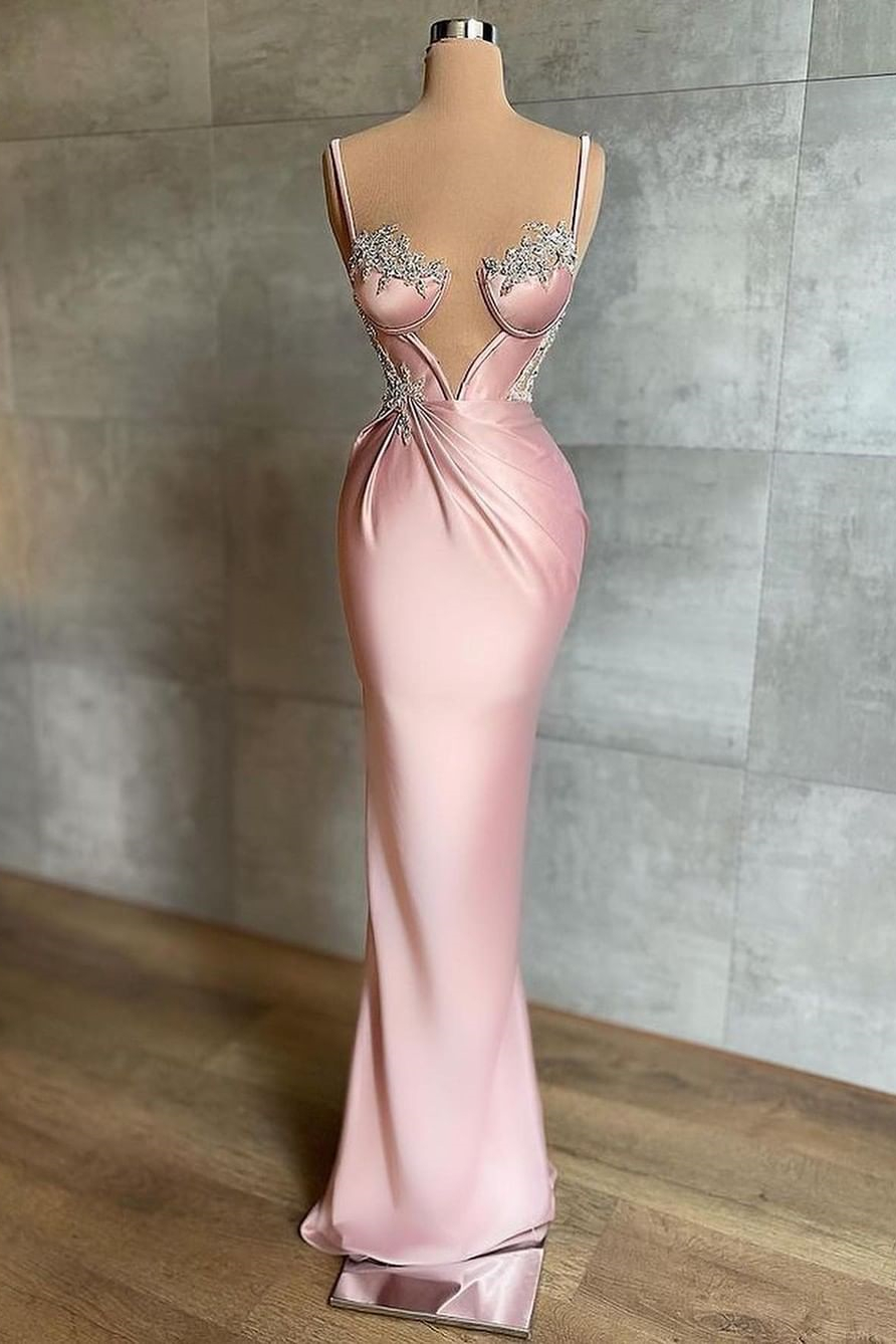 Bellasprom Pink Spaghetti-Straps Sleeveless Evening Dresss Mermaid With Appliques Bellasprom