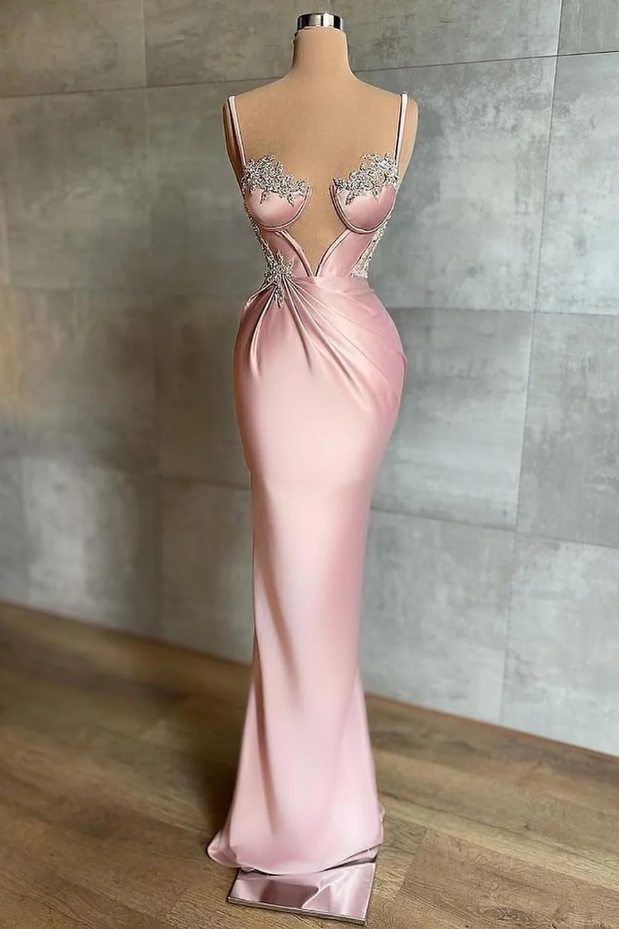 Miabel Sexy Dusty Pink Spaghetti Straps Deep V Neck Mermaid Evening Dress With Chic Appliques
