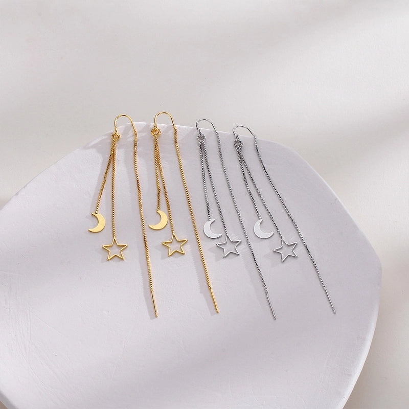 Korean Style Personalized Simple Long Tassel Star Moon Earrings Light Luxury Slimming Hollow Star Moon Earrings Internet Popular Earrings