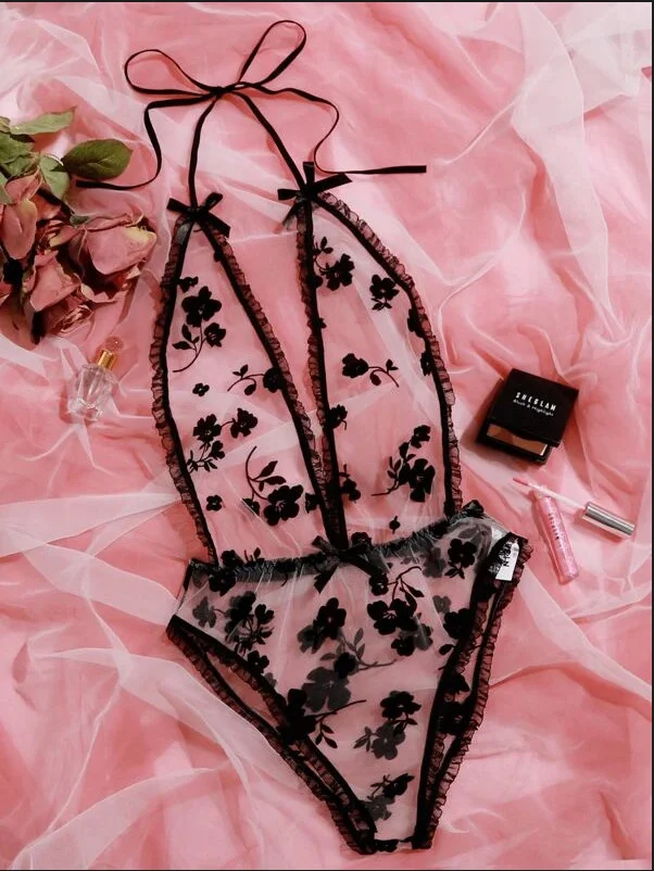Brownm Sex Lingerie Sexy Black Mesh Perspective Tie With Hanging Neck Conjoined Women's Underwear
