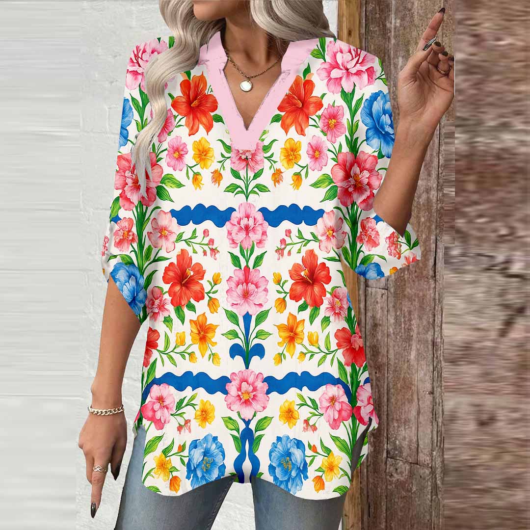 Women Floral, Plaid, Blue, Red DZGA0157 3/4 Sleeve V-neck Printed Graphic Button Tops